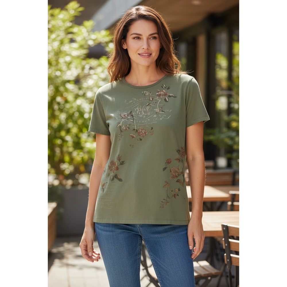Lauren Ralph Lauren Floral Graphic T-Shirt Olive Green Cotton Petite Large PL